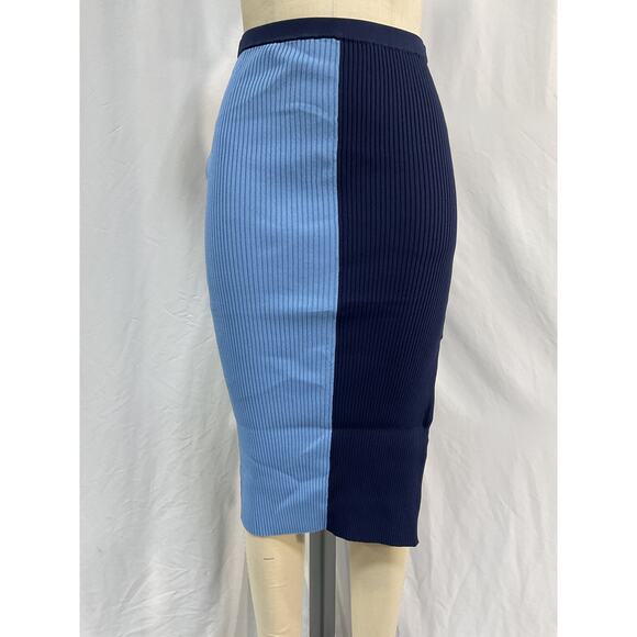 Staud 'Lorraine' Blue Viscose Two-Tone Ribbed-Knit Midi Skirt Size S - Picture 2 of 5